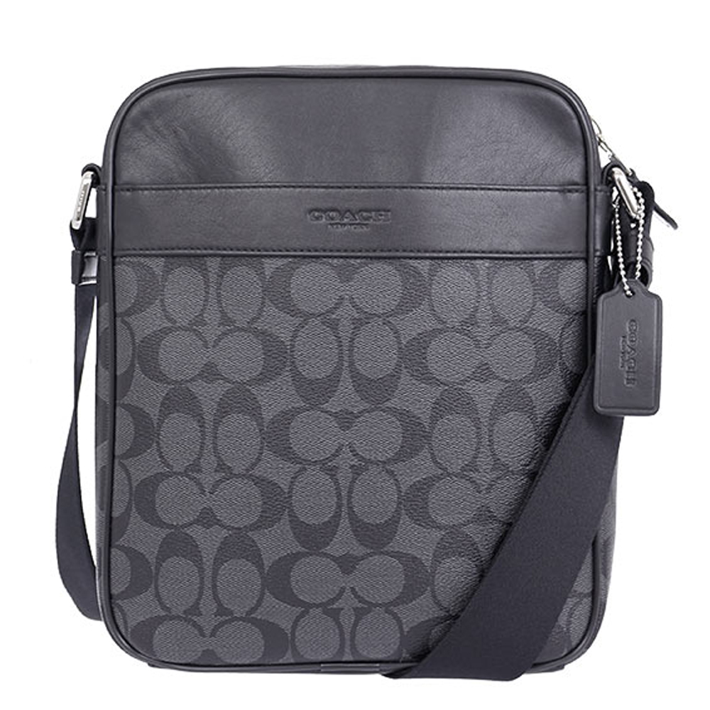 COACH 男款 壓紋LOGO防刮皮革拉鍊斜背包-灰黑色