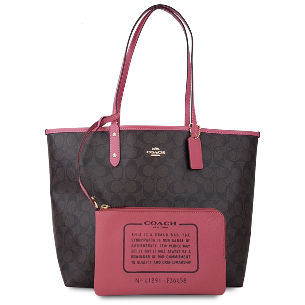 COACH 經典緹花LOGO雙面大購物托特子母包-棕/乾燥玫瑰粉