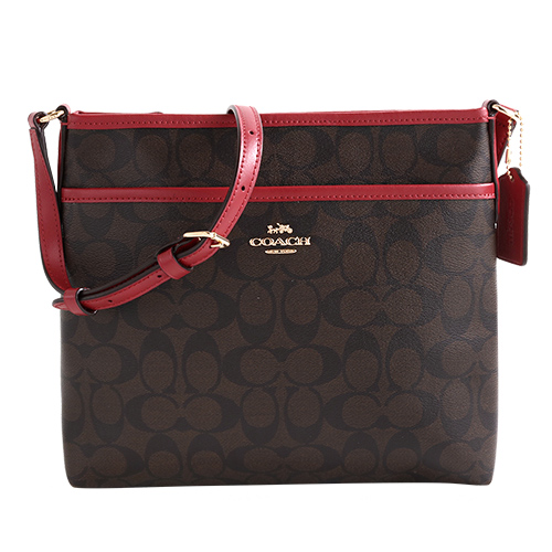 COACH-金馬車防刮LOGO斜背小方扁包(深咖.棕紅邊)/小