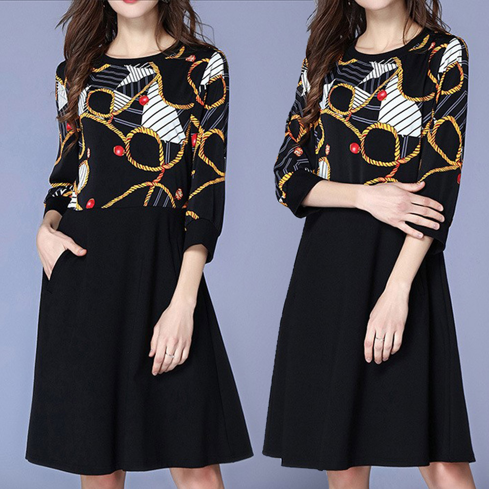 【麗質達人】8854黑色印花拼色洋裝(L-5XL)