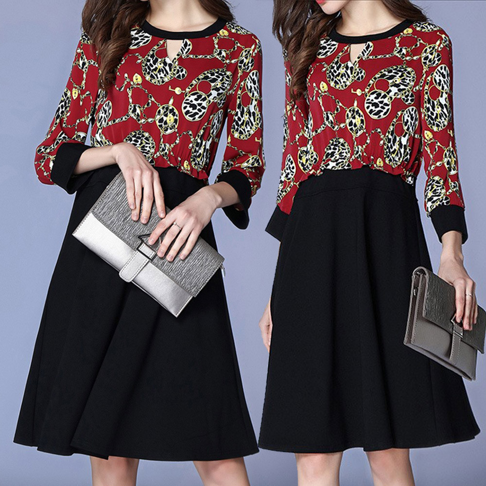 【麗質達人】8856黑紅色印花拼色洋裝(L-5XL)