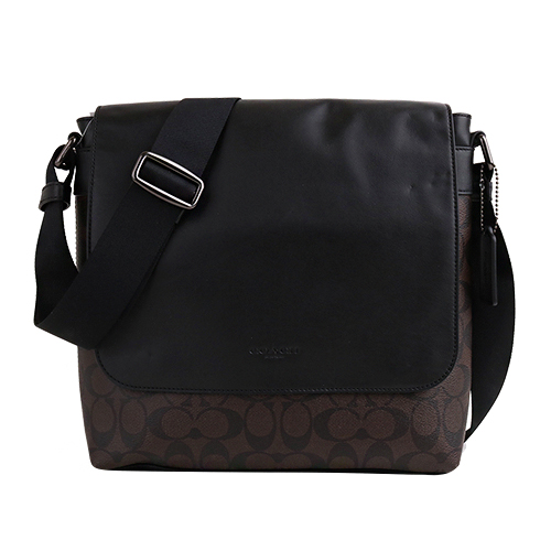 COACH- 烙印LOGO防刮皮革翻蓋大斜背包(深咖.黑)