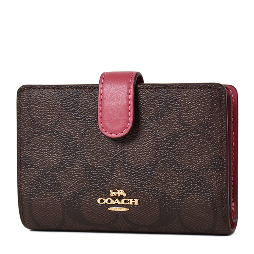 COACH 緹花LOGO防刮皮革釦式中夾-莓紅色