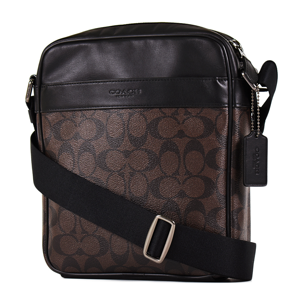 COACH 男款 緹花LOGO鐵灰金屬防刮皮革斜背包-咖啡色