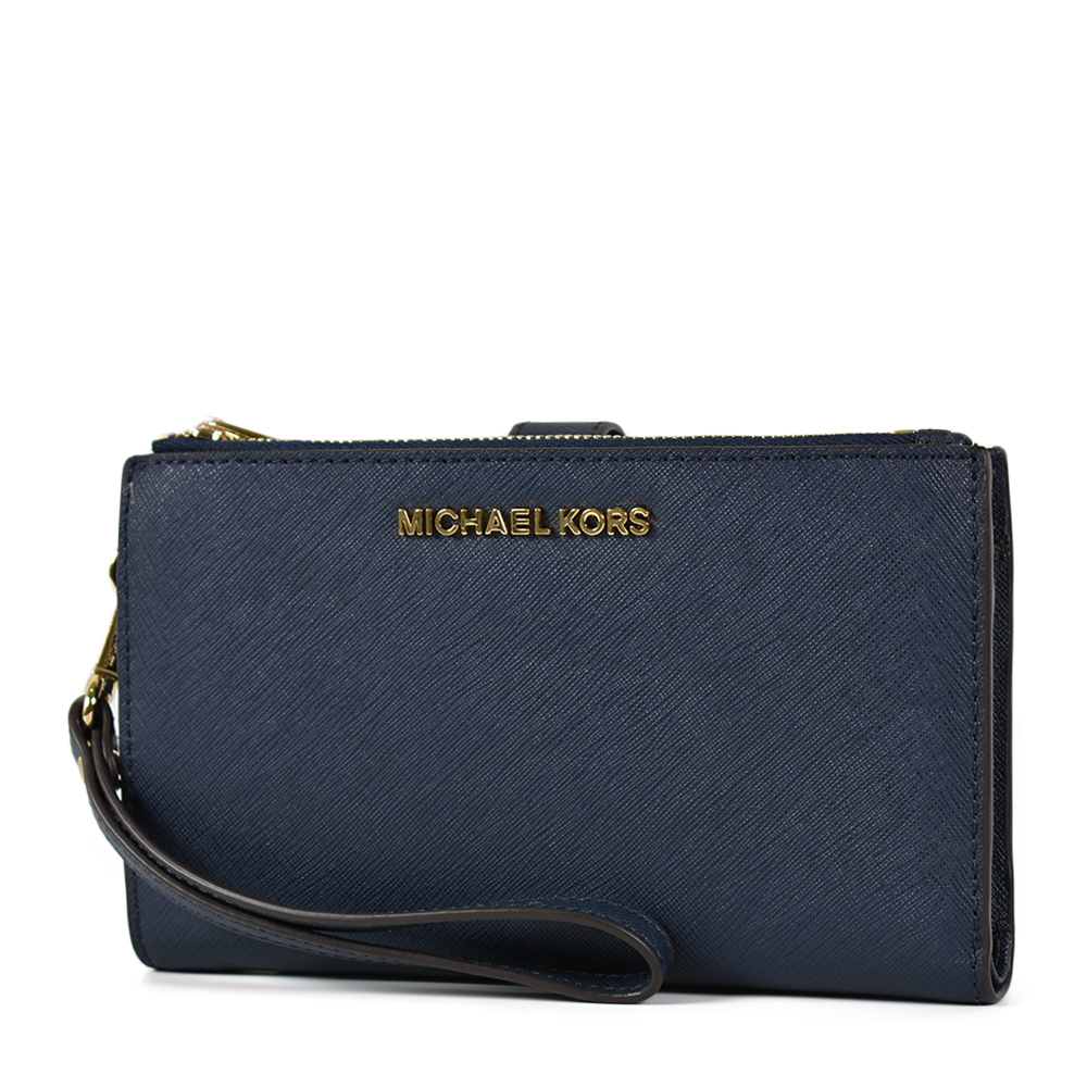 MICHAEL KORS 專櫃款 金字防刮皮革對折釦式手掛手拿/手機包-海軍藍