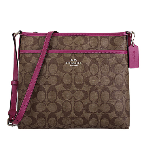 COACH- 金馬車防刮LOGO斜背小方扁包(深卡其.桃邊)小