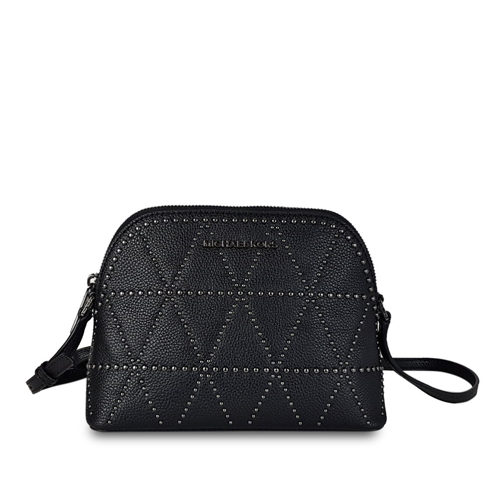 Michael Kors 新款立體點綴荔枝紋皮革斜背貝殼包-黑色