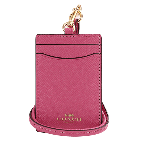 COACH- 烙印金 LOGO PVC 掛帶證件夾(桃粉)
