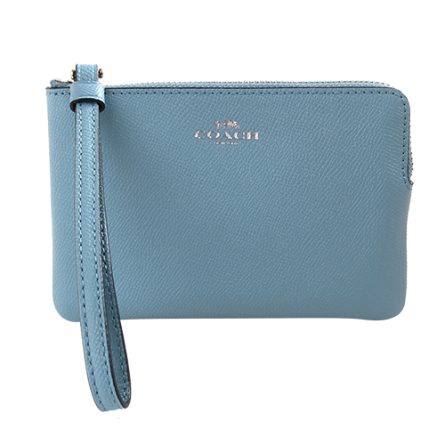 COACH- 烙印銀馬車LOGO 防刮皮革L型手拿包(天空藍)