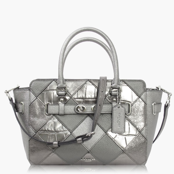 COACH 十字紋皮革拼接鱷魚壓紋 / Carryall 25 / 斜背兩用包_銀灰色