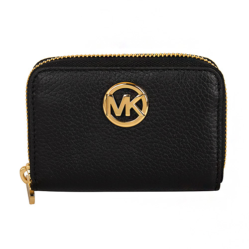 MICHAEL KORS-小圓金字荔枝紋皮革卡片夾包(黑)