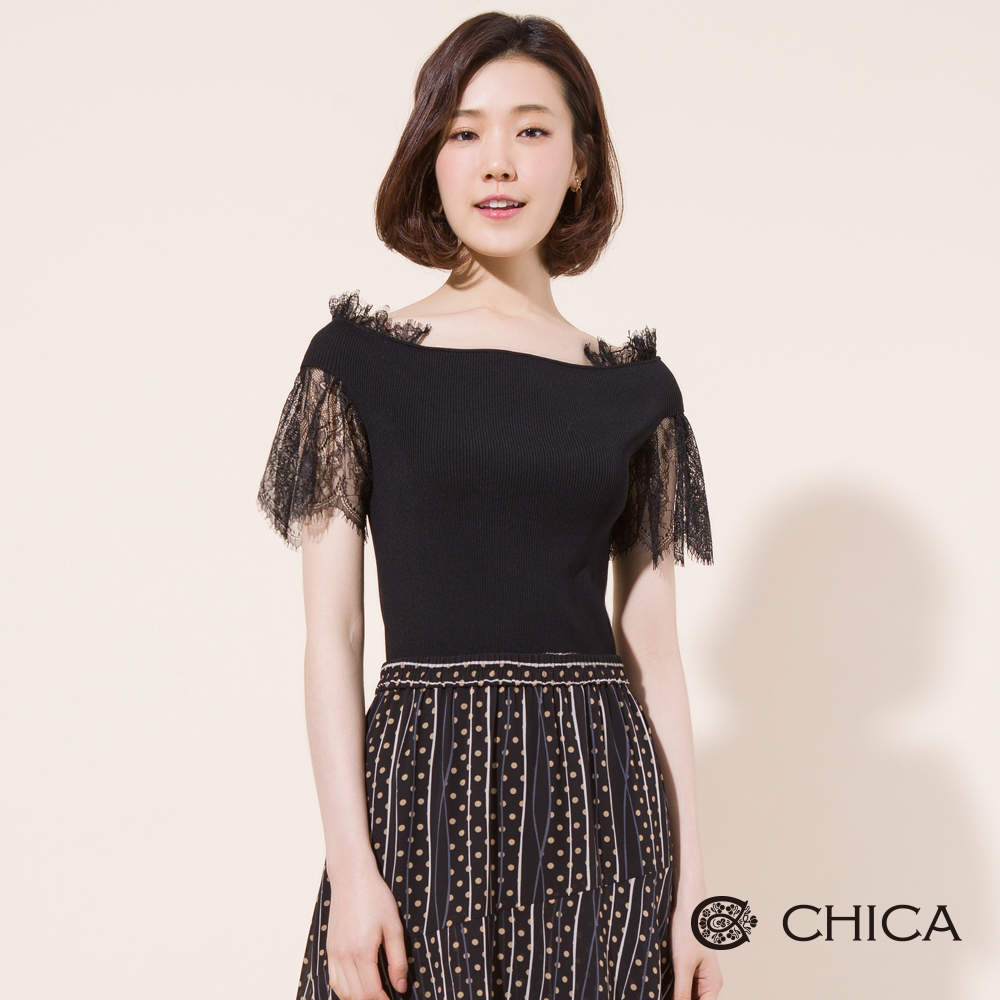 CHICA 春日女神拼接蕾絲平口針織衫(2色)