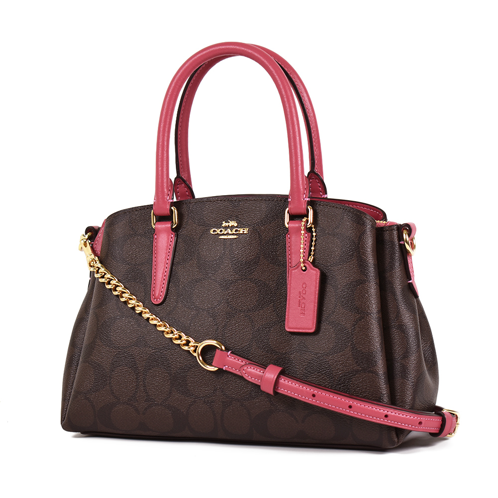 COACH 緹花LOGO防刮皮革三層手提/斜背二用黛妃包-小/莓紅色