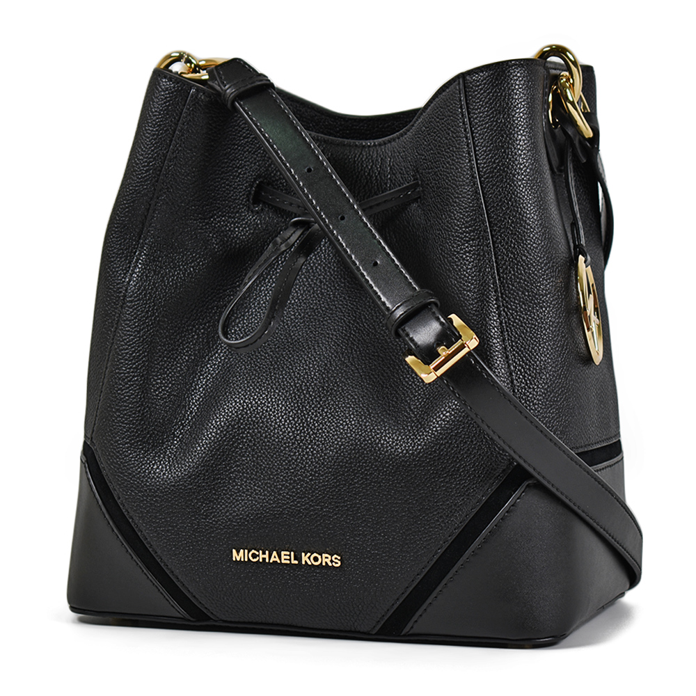 MICHAEL KORS 專櫃款 荔枝紋麂皮飾邊束口水桶包-黑色/大
