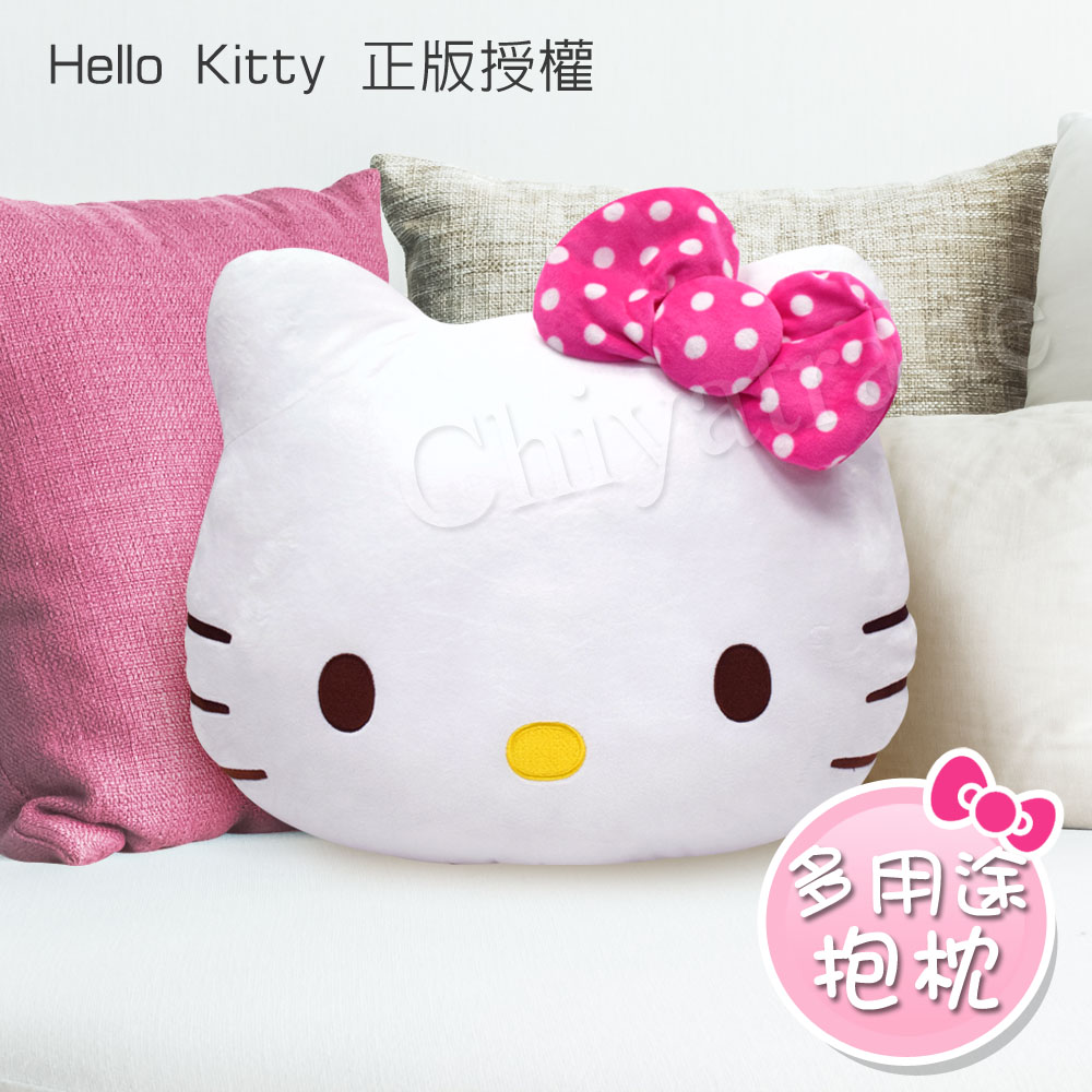 【Hello Kitty】凱蒂貓 桃紅色點點蝴蝶結 大抱枕 午安枕 腰靠枕 沙發枕 汽車枕47x39cm(正版授權)