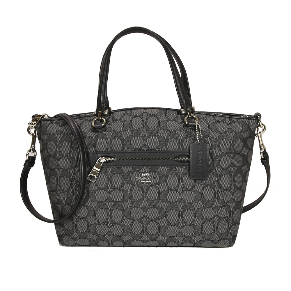 COACH 專櫃款C LOGO緹花布牛皮拼接手提斜背兩用水餃包(黑灰)