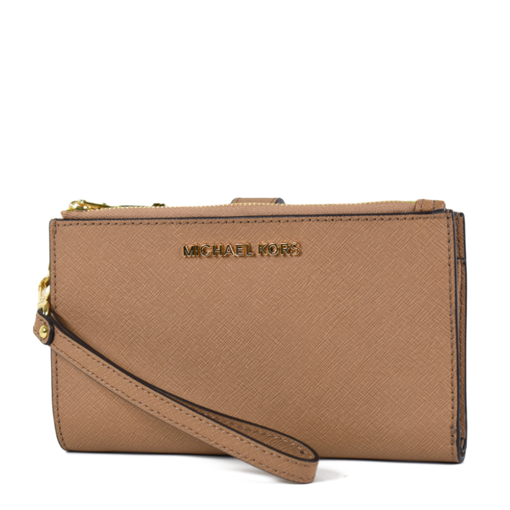 MICHAEL KORS 專櫃款 防刮皮革對折釦式手掛手拿/手機包-奶茶色