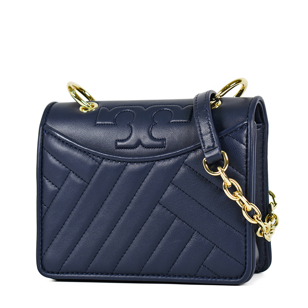 TORY BURCH 衍縫格紋小羊皮翻蓋鏈帶斜背包-海軍藍/迷你款