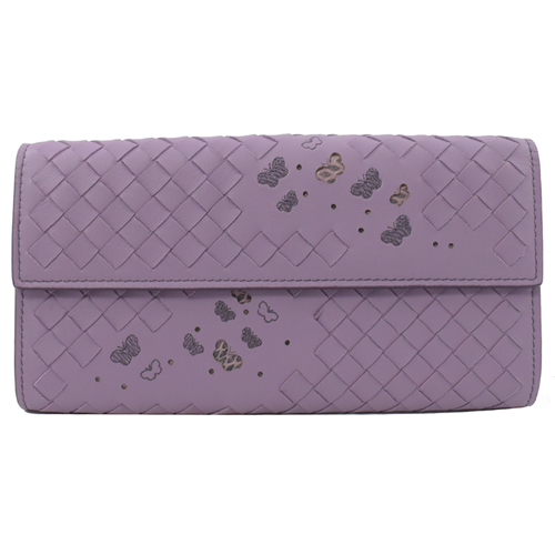 BOTTEGA VENETA 蝴蝶刺繡手工編織扣式長夾.紫