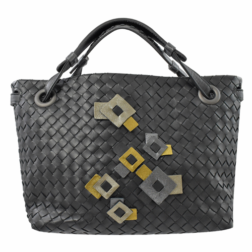 BOTTEGA VENETA 萬花筒拼布手工編織雙把手提包.黑 小