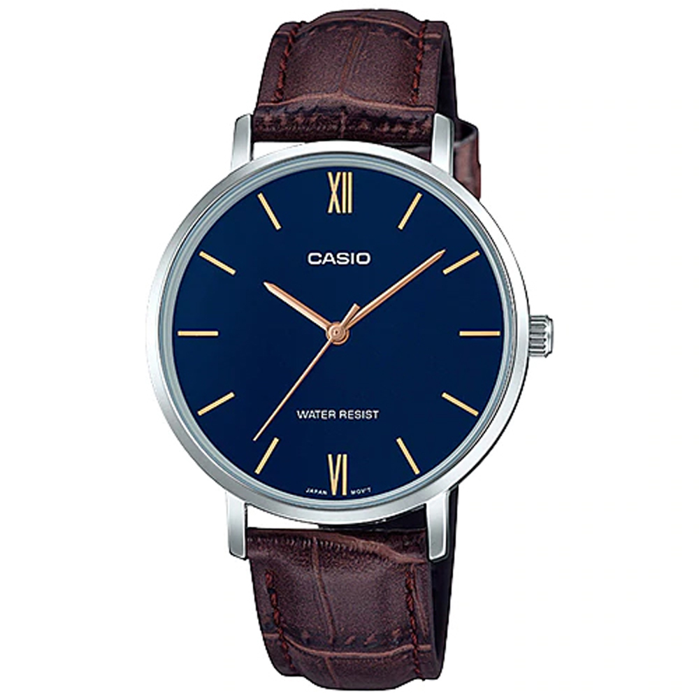CASIO 卡西歐 簡約指針女錶 皮革錶帶 藍色錶面 日常生活防水(LTP-VT01L-2B)