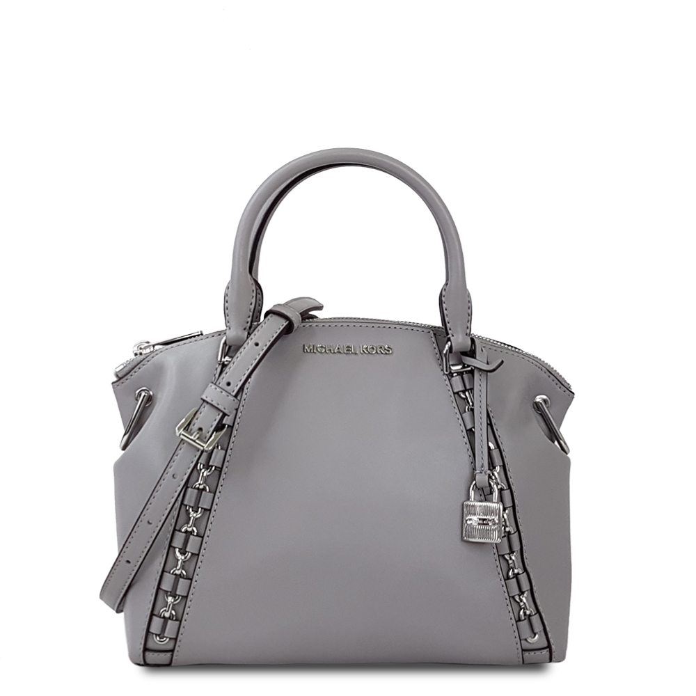 MICHAEL KORS 專櫃款真皮金屬銀鍊休閒淑女水餃包-水泥灰
