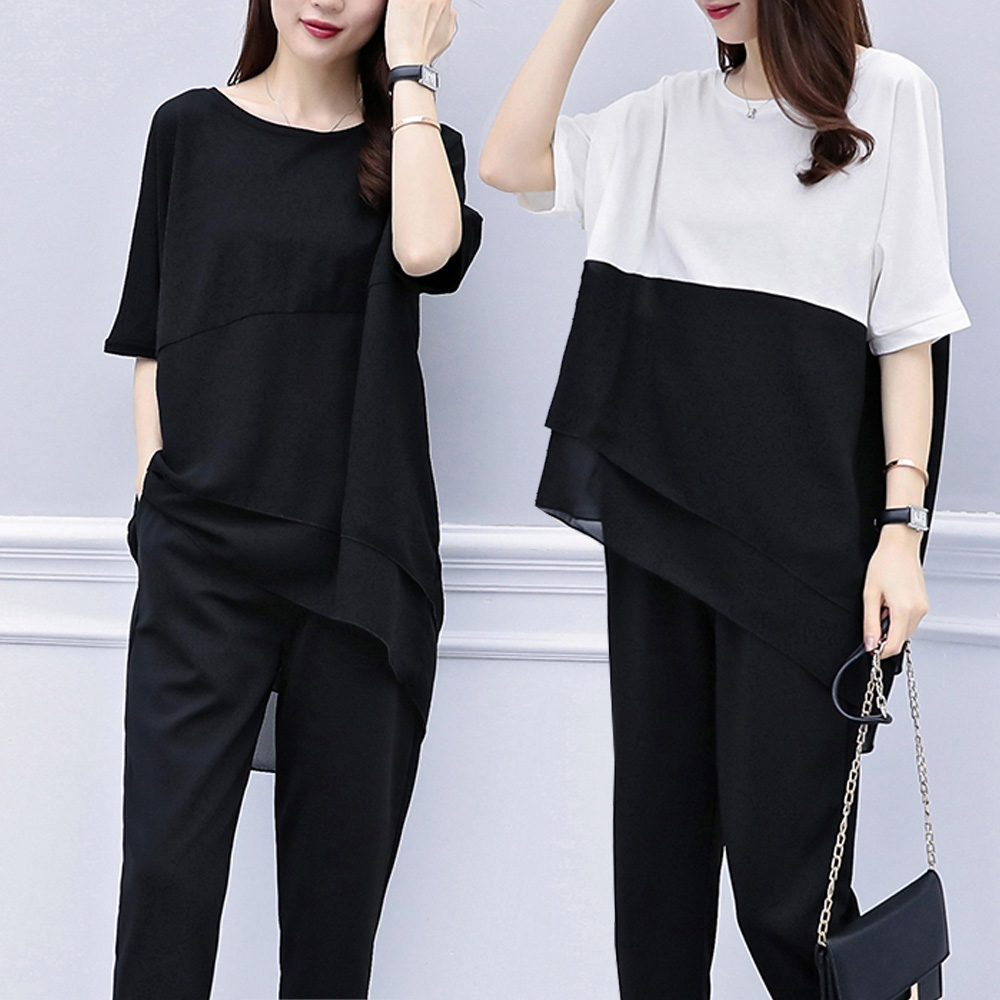 麗質達人(XL-5XL)雪紡上衣+褲子二件組-二色8445