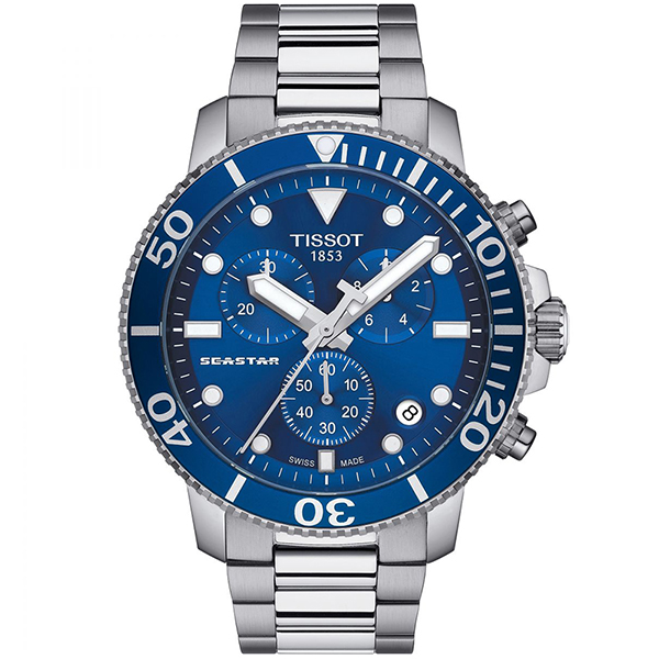 TISSOT 天梭 Seastar 1000海洋之星300米潛水三眼計時石英錶-45.5mm/藍 T1204171104100