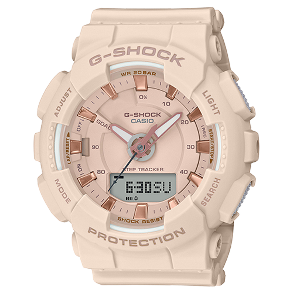 CASIO 卡西歐 G-SHOCK 運動雙顯女錶 橡膠錶帶 粉色X玫瑰金 防水200米 計步器(GMA-S130PA-4A)