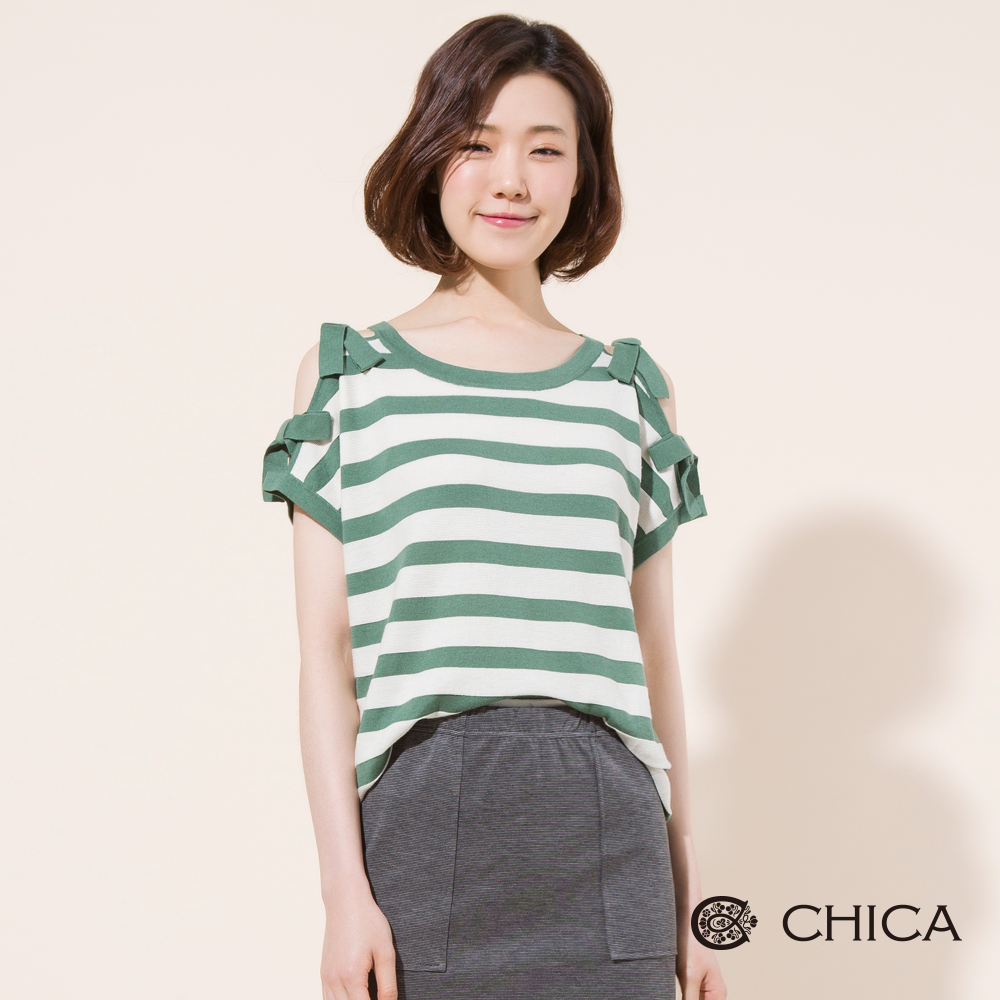 CHICA 春日甜心挖肩綁帶條紋針織衫(2色)
