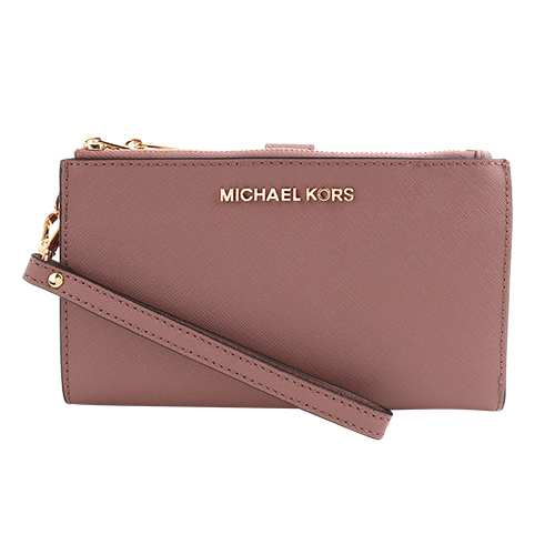 MICHAEL KORS- 金字LOGO 防刮皮革拉鍊掛帶中夾(玫瑰粉)