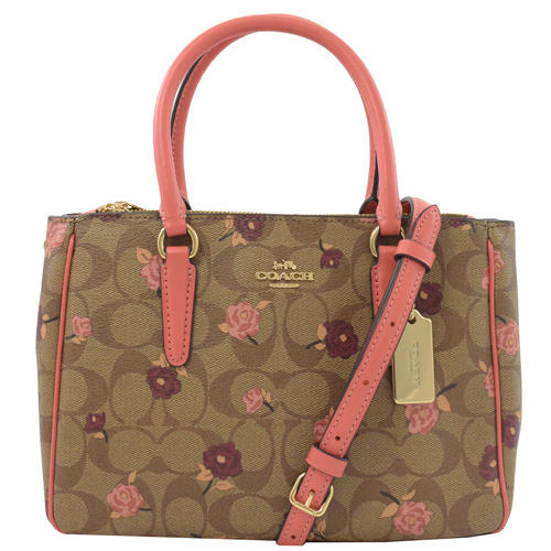COACH MINI 馬車LOGO玫瑰花三層兩用包.駝/珊瑚色