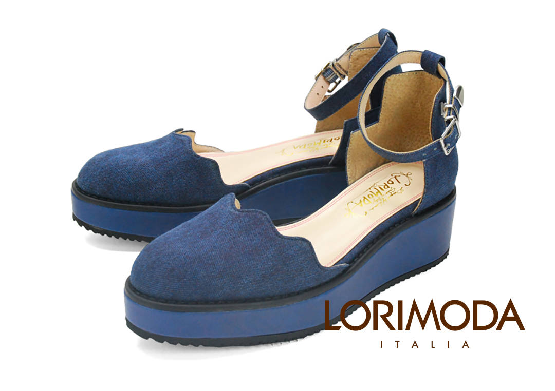 【LORIMODA】浪漫緹花綁帶厚底包鞋、個性丹寧綁帶厚底包鞋 BONIFACIO.1 (深藍色)