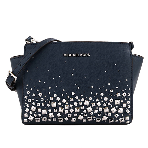 MICHAEL KORS- 銀字防刮鉚釘皮革手提/斜背包(海軍藍)小