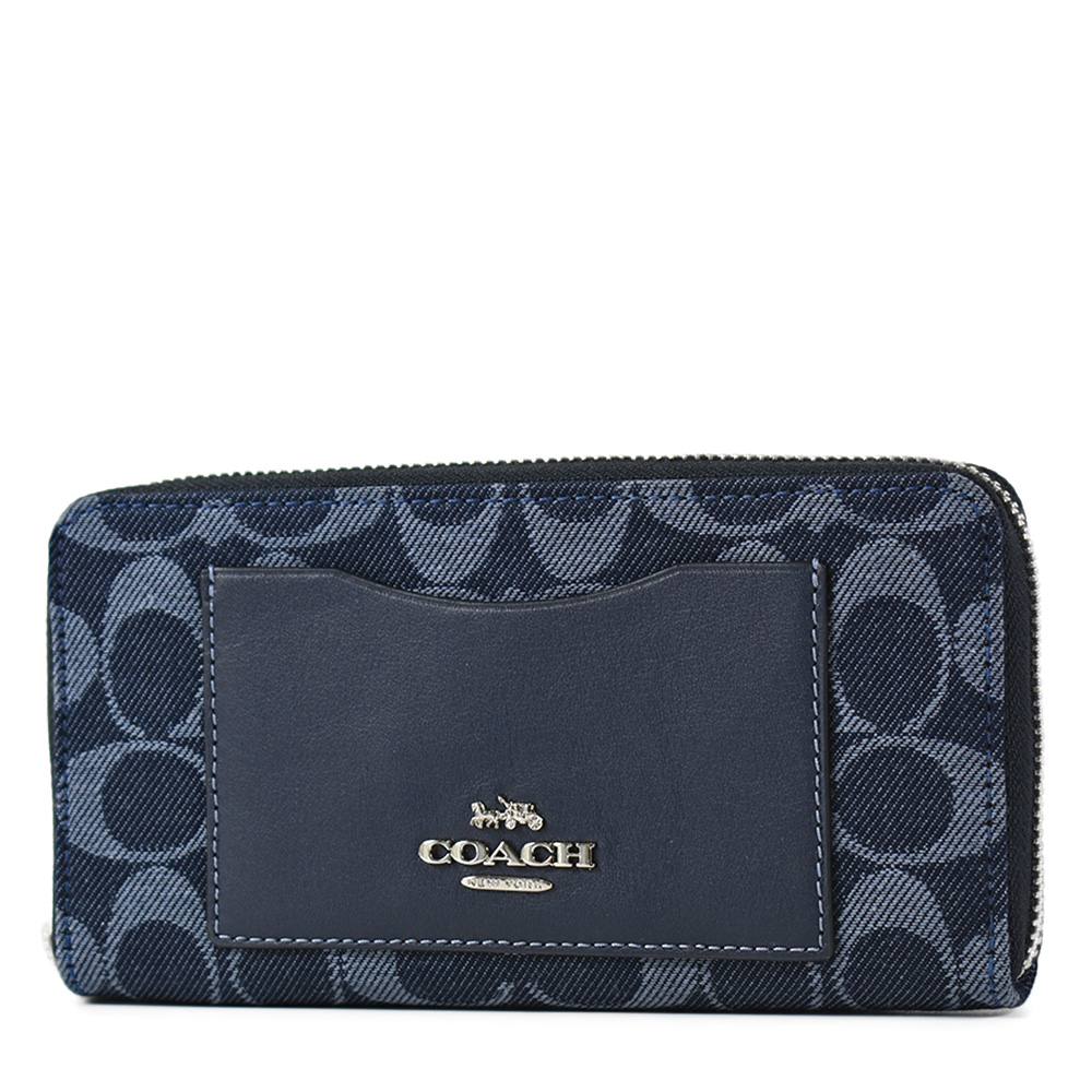COACH 單寧LOGO牛仔拼接真皮前夾層拉鍊長夾-單寧藍