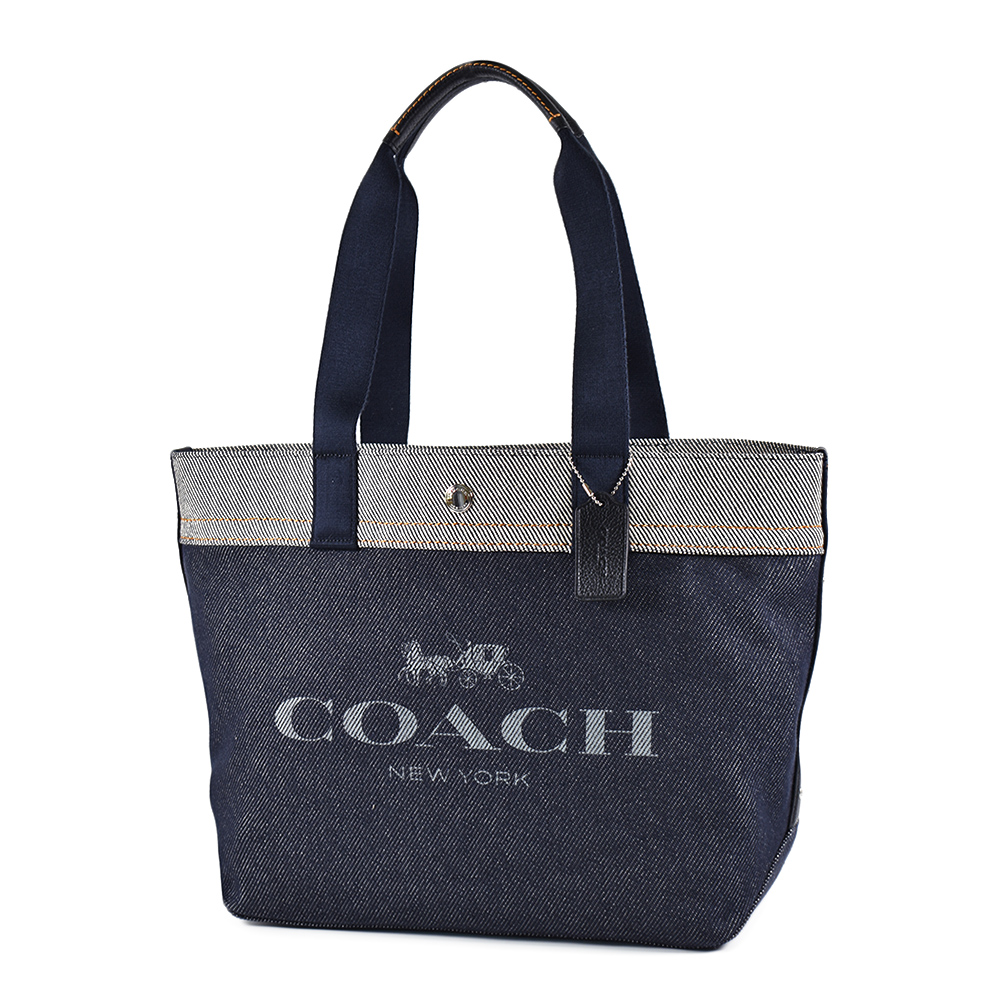 COACH 配色單寧牛仔經典馬車釦式托特包-深藍色