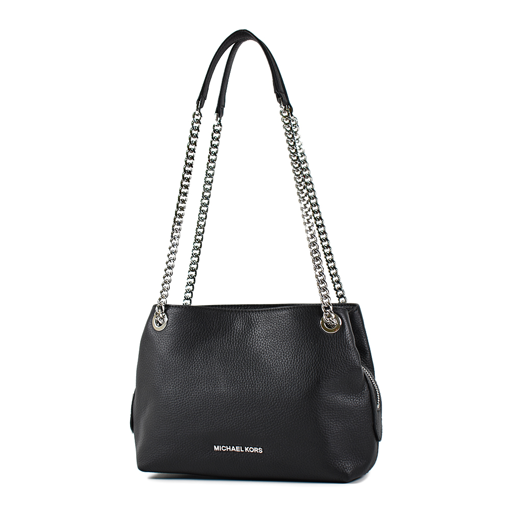 Michael Kors 銀字荔枝紋真皮雙層置物鍊帶肩背包-黑色/中