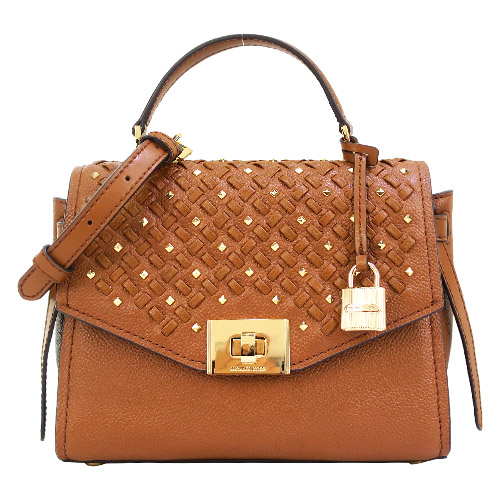 MICHAEL KORS CASSIE 鉚釘編織牛皮手提/斜背包(小/棕)