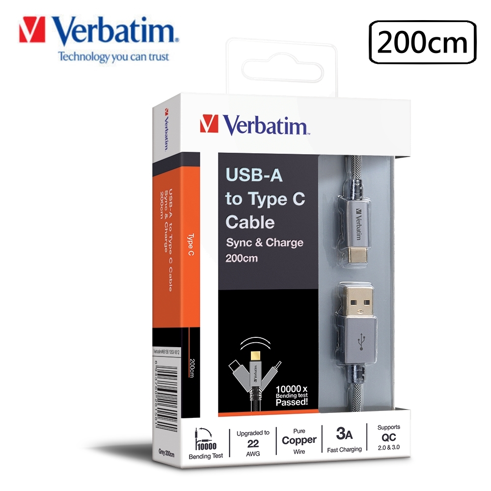 Verbatim 威寶 USB-A to Type C 3A 200cm 彈性護套編織 充電傳輸線x1P【通過高達10000次搖擺測試】