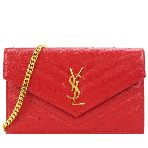 YSL MONOGRAM系列V字縫線魚子醬牛皮金屬LOGO金鍊肩背信封包(金/紅)