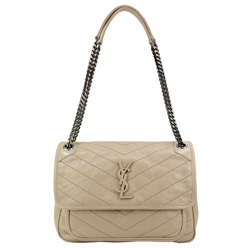 YSL Saint Laurent NIKI 揉製小牛皮霧銀鍊翻蓋肩/斜背包(中/米)