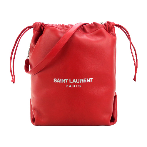 YSL SAINT LAURENT TEDDY 經典LOGO羊皮水桶肩背包(附手拿包/紅)