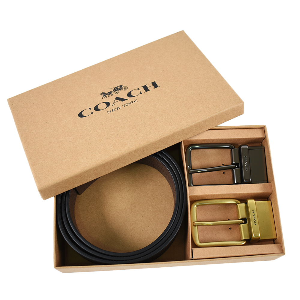 COACH 男款 荔枝紋皮革雙扣頭雙面用寬版皮帶禮盒組-黑/咖啡色