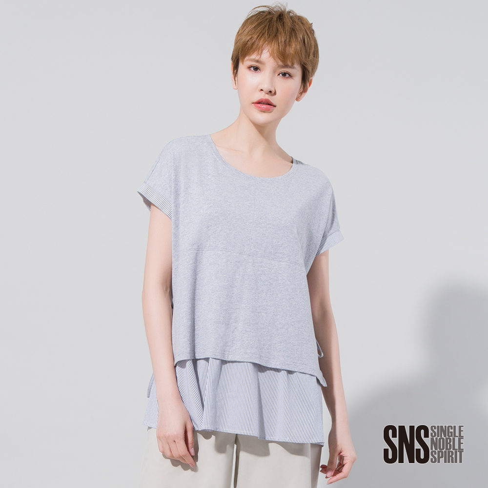 SNS 知性異材質拼接寬擺上衣(2色)