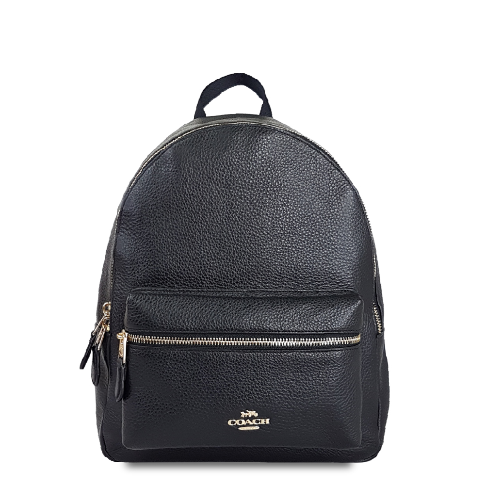 COACH 立體馬車LOGO全皮革前拉鍊袋雙肩後背包-黑/中