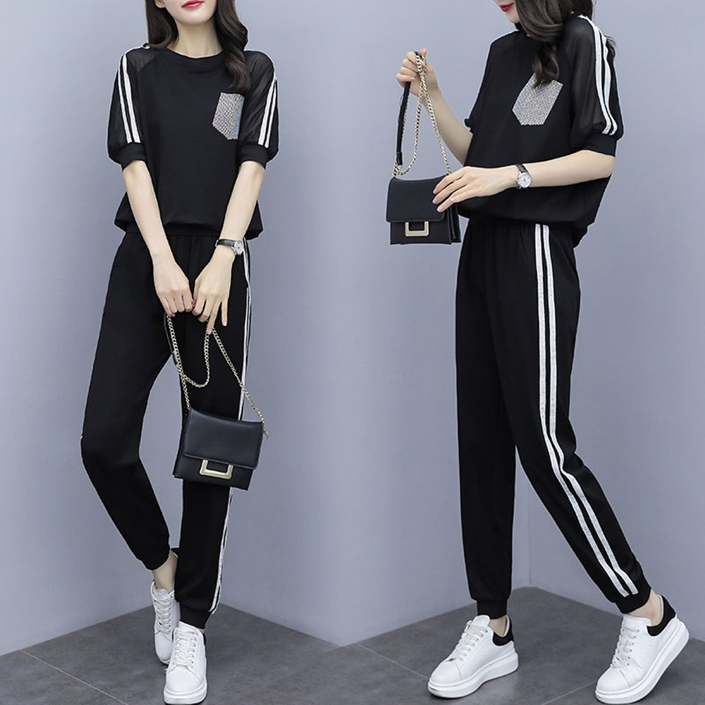 麗質達人(XL-5XL)黑色運動套裝7381