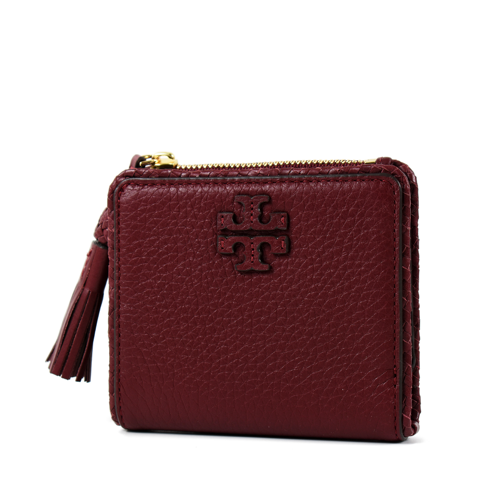 TORY BURCH 皮雕LOGO荔枝紋流蘇釦式短夾-酒紅色