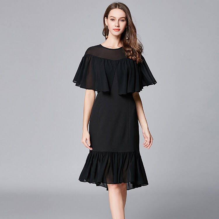 Olivia奧莉精品 典雅荷葉邊半透視連身裙洋裝 L~5XL 洋裝 連身裙 禮服 伴娘服 媽媽裝