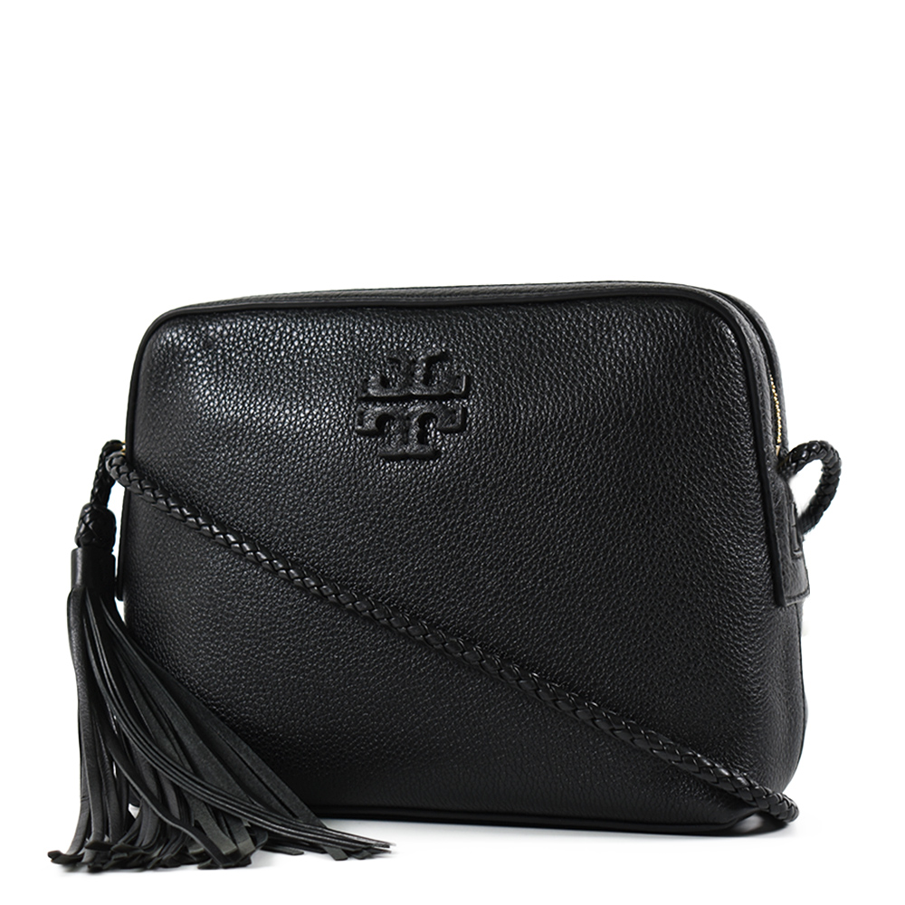TORY BURCH 皮雕LOGO編織背帶流蘇拉鍊斜背相機包-黑色
