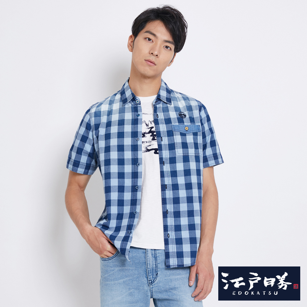 EDWIN 江戶勝 INDIGO 格紋短袖襯衫-男-漂淺藍